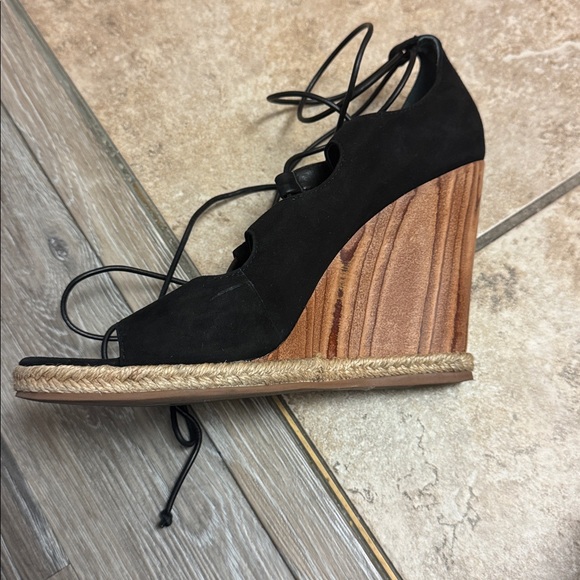 Tory Burch Black Suede Leather Lace Up Tie Tan Wedge Sandal Heels 9.5 - Picture 12 of 14